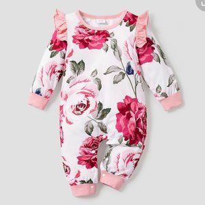 Floral Print Ruffled Long-sleeve Baby Jumpsuit